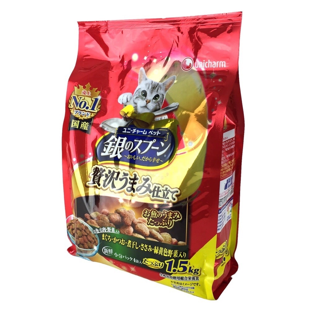 最安値｜ユニチャーム 銀のスプーン 贅沢うまみ仕立て お魚 お肉 野菜入り 1.5kg [4140]の価格比較